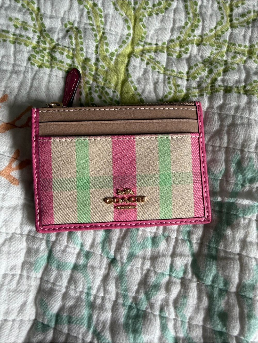 COACH Pink Plaid Card Case with Mint and Cream Accents